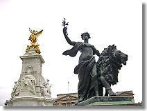 The sculpture of Queen Victoria, seated, was done by Sir Thomas Brock and includes a gilded Victory atop a base of marble, surrounded by allegorical figures representing Victorian virtues, such as Truth, Constancy, Motherhood, Courage, etc.